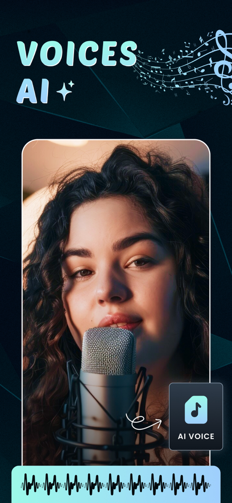 AI Voice Changer Funny Effects - A woman speaking into a studio microphone with AI voice transformation graphics and a sound waveform