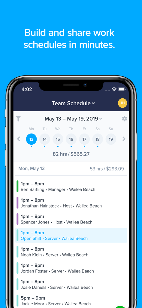 ZoomShift Employee Scheduling - Interfaz de la aplicación móvil ZoomShift que muestra un horario de trabajo detallado del equipo con nombres de empleados, roles laborales y horarios específicos.