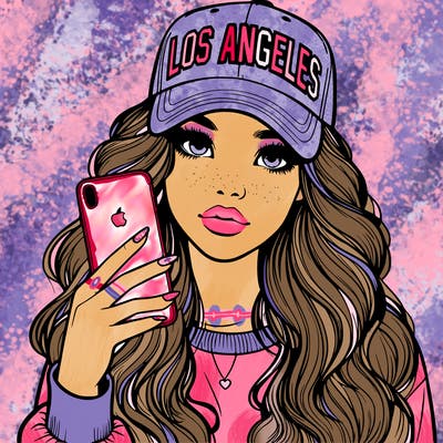 realistic beautiful girl wearing los ángeles cap holding an iphone