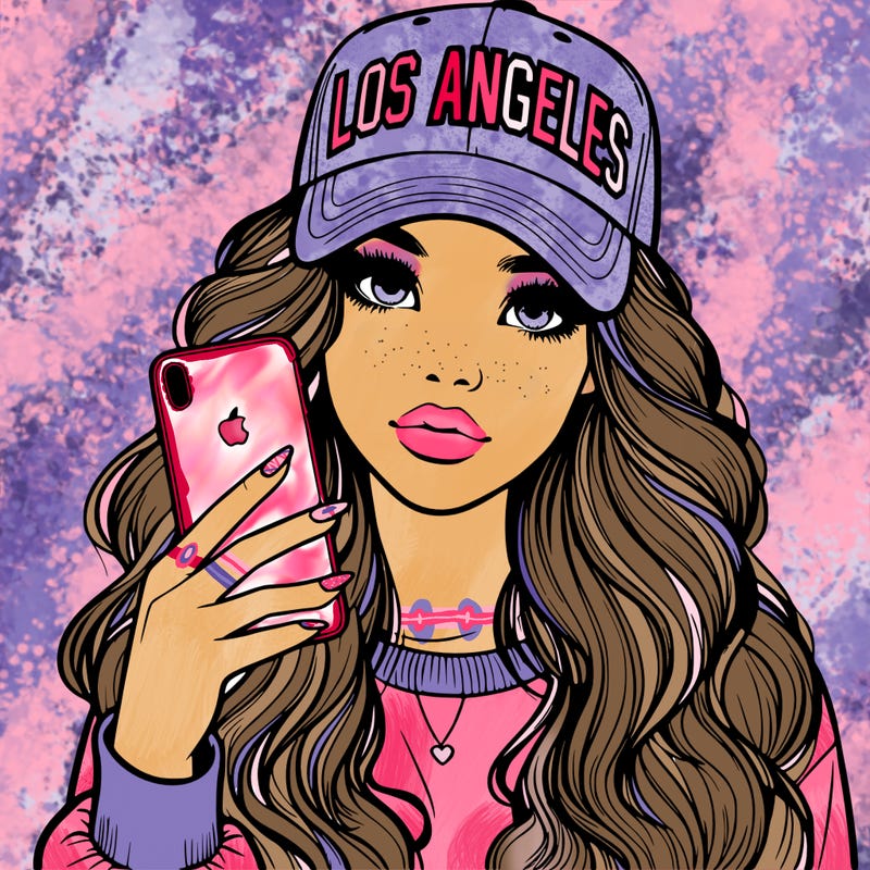 realistic beautiful girl wearing los ángeles cap holding an iphone