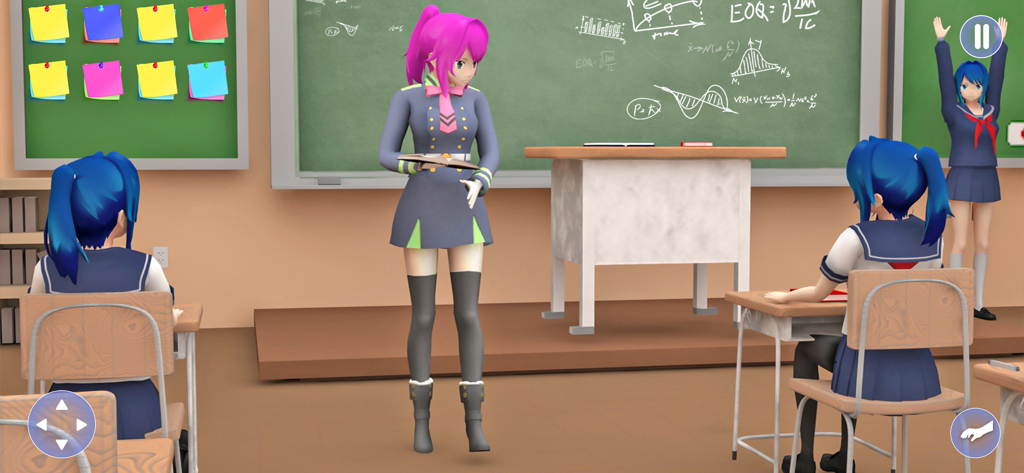 Anime School Teacher Sim Games - Eine Anime-Lehrerfigur steht in einem 3D-Simulationsspiel vor einem Klassenzimmer mit Schülern.