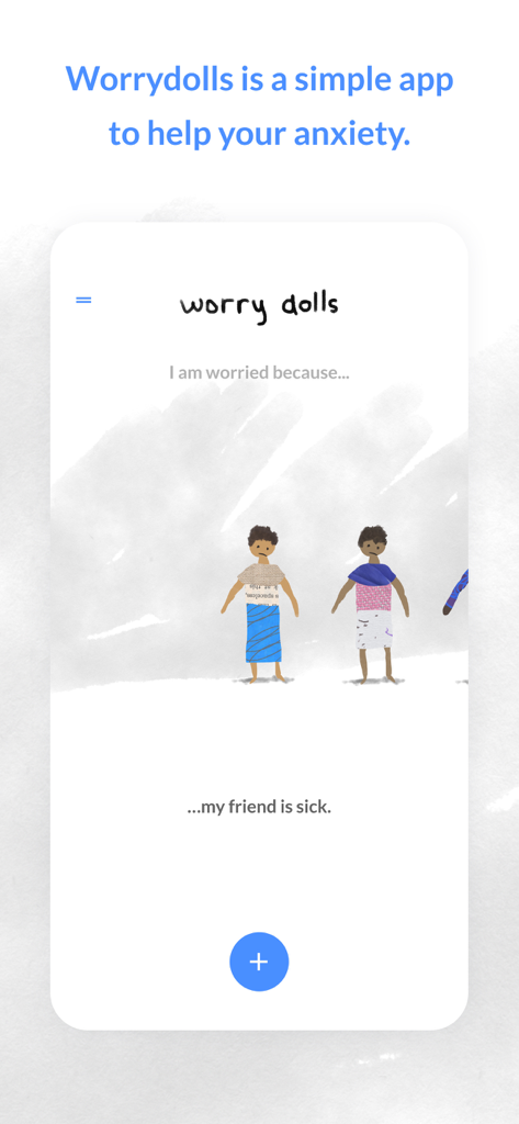 Worrydolls app interface showing hand drawn dolls and a worry about a sick friend