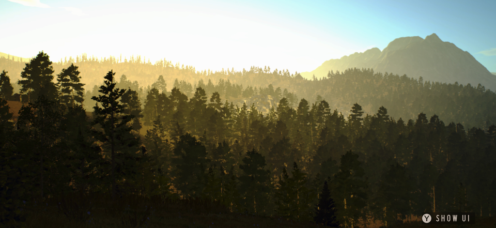 Way of the Hunter Wild America - A scenic landscape of a vast pine forest at sunrise with a mountain in the background