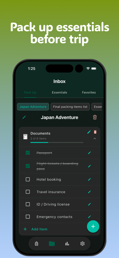 RoamR: AI Itinerary Organizer - A smartphone screen displaying a travel packing list for a trip to Japan including items like passport and flight tickets