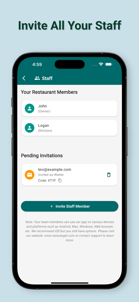 iPhone screen displaying restaurant staff management with options to invite team members and assign roles like owner kitchen and waiter