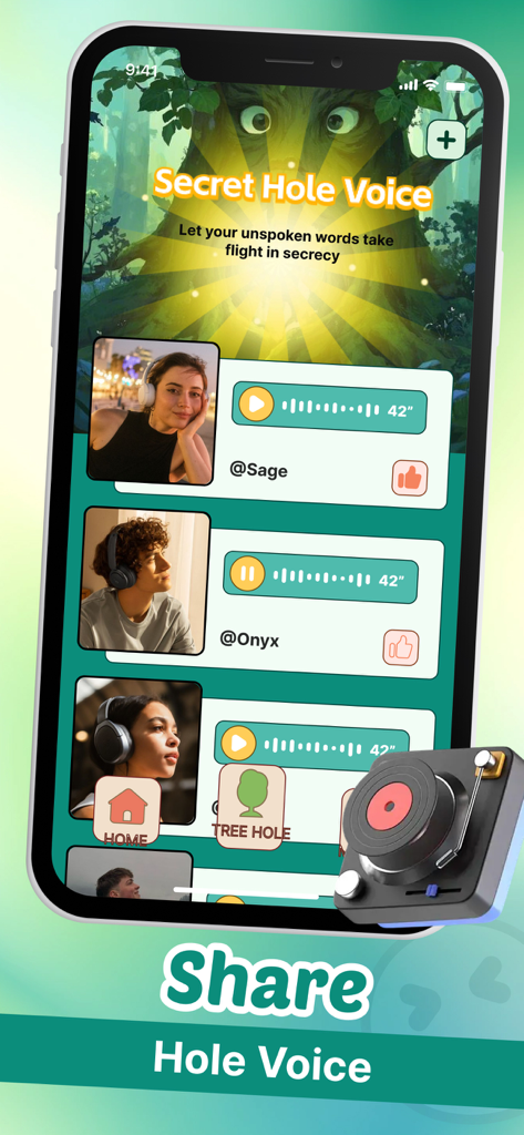 Benutzeroberfläche der Nosia-App, die einen Feed von Sprachnachrichten im Abschnitt „Secret Hole Voice“ anzeigt.
