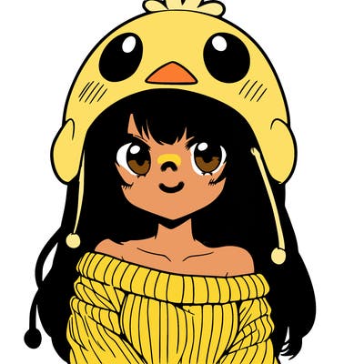 anime girl with chick shaped hat with sweater with bare shoulders with bangs covering them one eye with low tail
