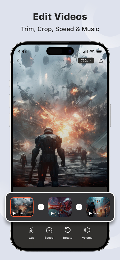 Screen Recorder - Recorder - Interface of the Screen Recorder app showing video editing tools like cut and speed on an iPhone screen