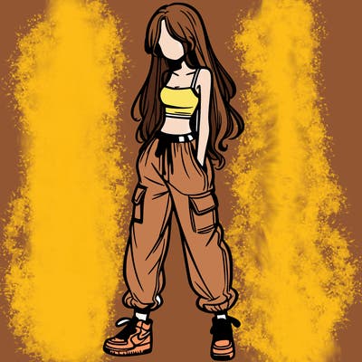 girl in baggy pants crop top and long hair