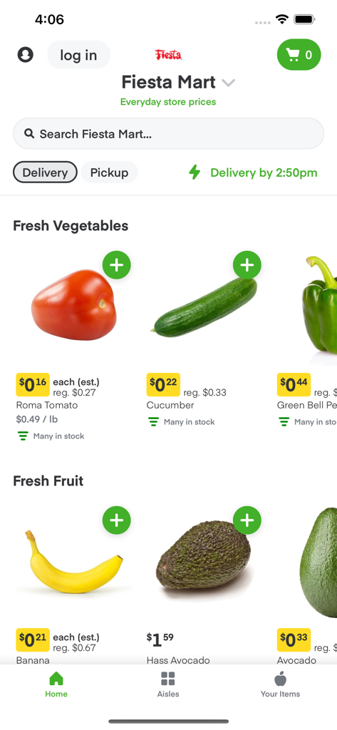 Fiesta Mart - Tela inicial do aplicativo Fiesta Mart exibindo vegetais e frutas frescas com preços e opções de entrega no mesmo dia