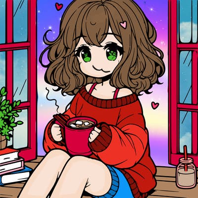 cute anime girl reading book and drinking hot chocolate from mug with loose wavy hair wearing a baggy sweatshirt and shorts sitting by windowsill looking out