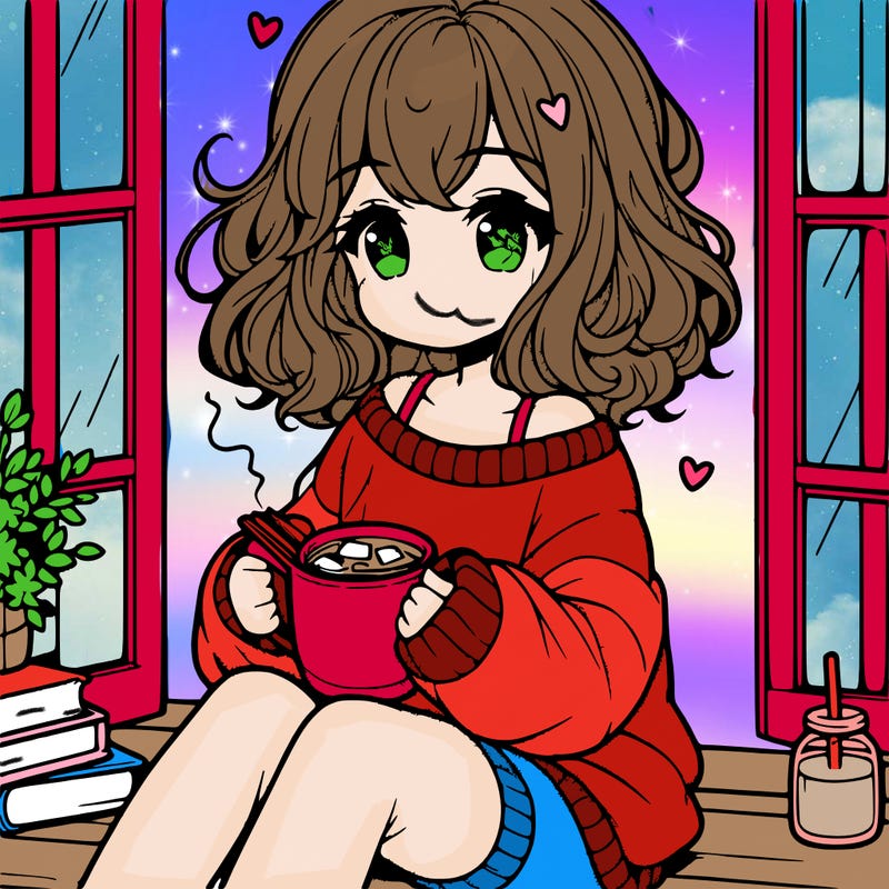 cute anime girl reading book and drinking hot chocolate from mug with loose wavy hair wearing a baggy sweatshirt and shorts sitting by windowsill looking out