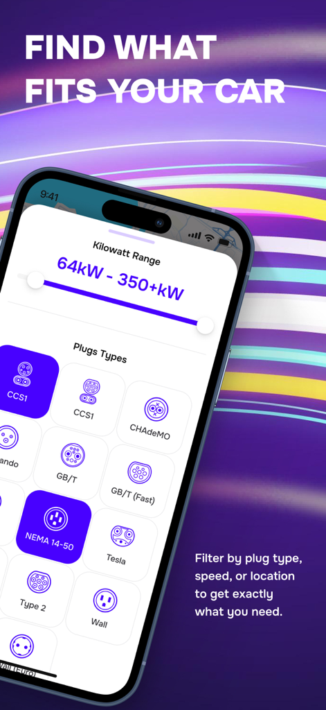Smartphone screen showing EV On app filters for kilowatt range and plug types like CCS1 and Tesla