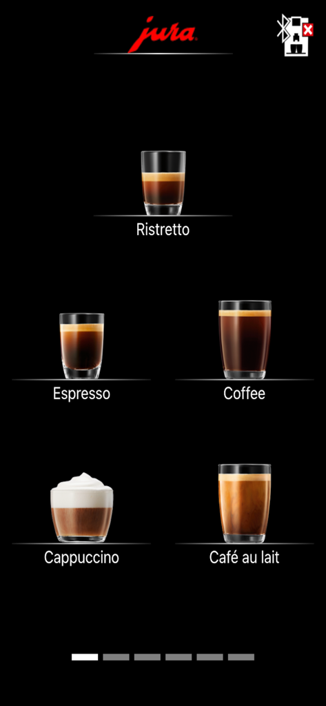 JURA Pocket Pilot - JURA Pocket Pilot mobile app interface displaying a digital menu of coffee beverages including espresso and cappuccino on a dark background