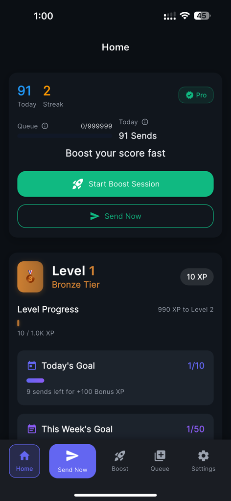 Livroll - Streak Booster - Livroll home screen displaying social score stats streak progress and level one bronze tier gamification features