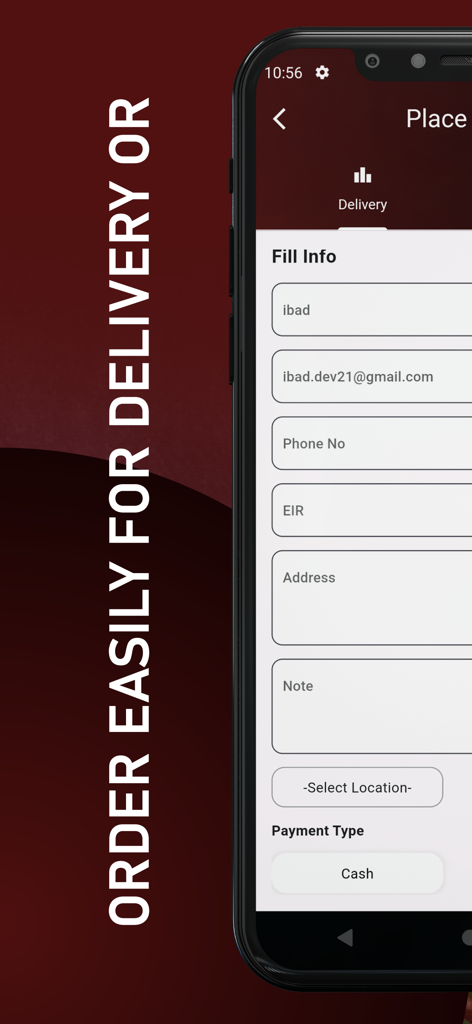 Khyber Garden - Mobile app checkout screen for food delivery with fields for address and payment information