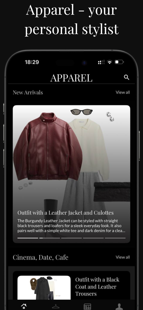 ApparelStyle - ApparelStyle App-Oberfläche, die eine Outfit-Empfehlung mit einer burgunderroten Lederjacke und Culottes zeigt