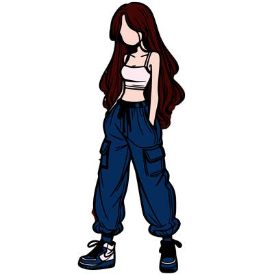 girl in baggy pants crop top and long hair
