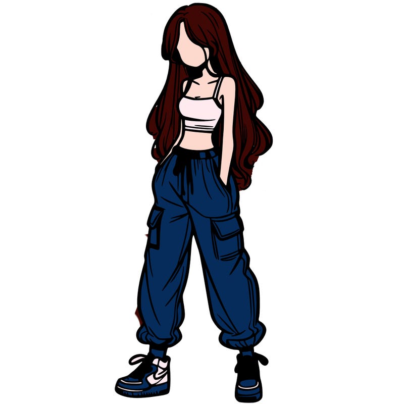 girl in baggy pants crop top and long hair