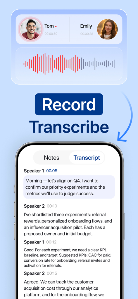 iNotebook: AI Note Taker - Mobile app interface showing real time voice recording and text transcription for a business meeting