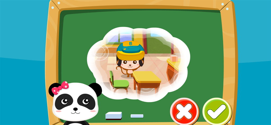 Cartoon-Panda, der ein Erdbeben-Sicherheitsquiz für die Schule präsentiert