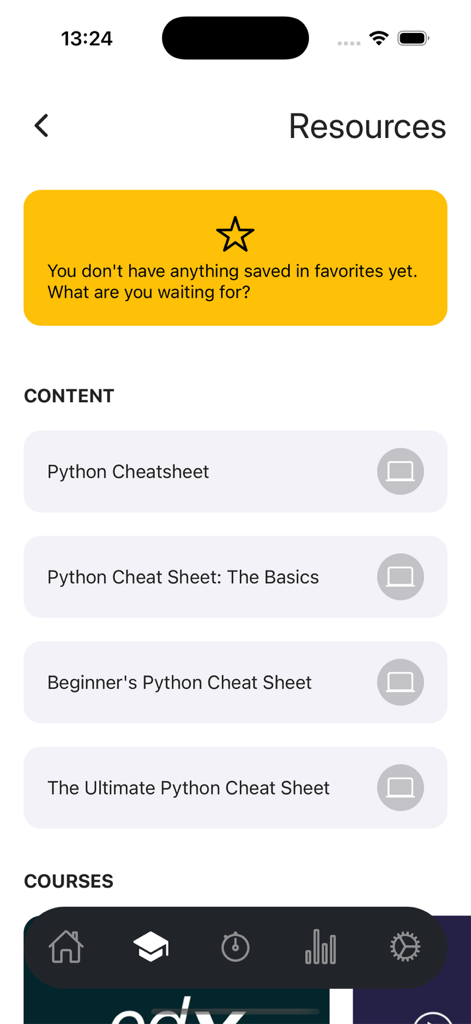 Interfaz de la aplicación Certificación PCEP-30 de Python que muestra recursos de estudio y hojas de trucos disponibles.