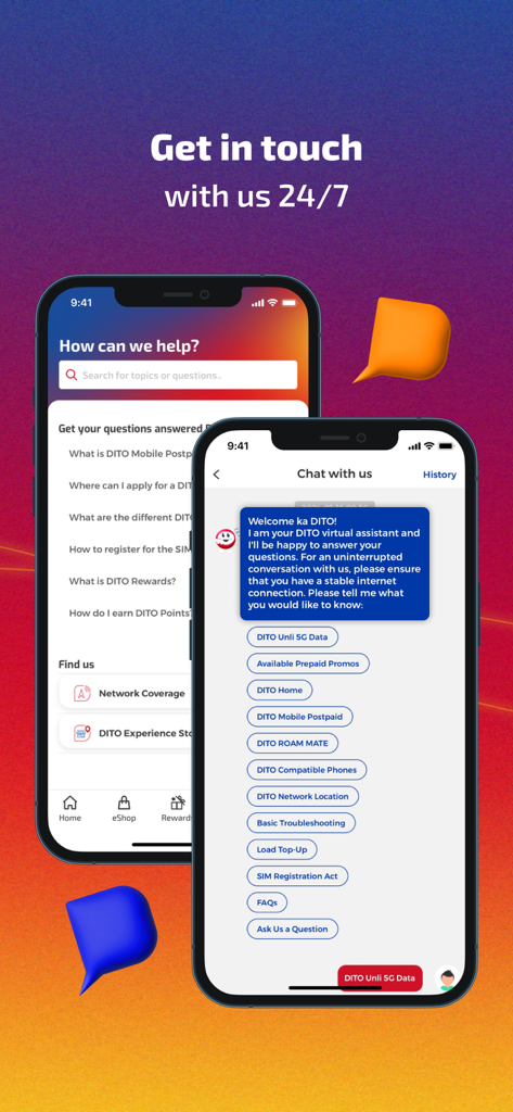 DITO app interface showing 24/7 customer support help center and virtual chat assistant