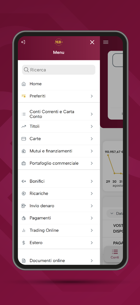 MB+ - Main navigation menu of the MB plus mobile banking app showing account services and trading options.