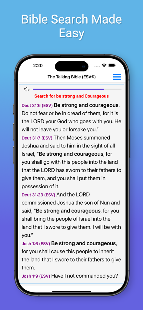 Talking Bible for The Blind - Talking Bible app interface on an iPhone showing scripture search results for be strong and courageous