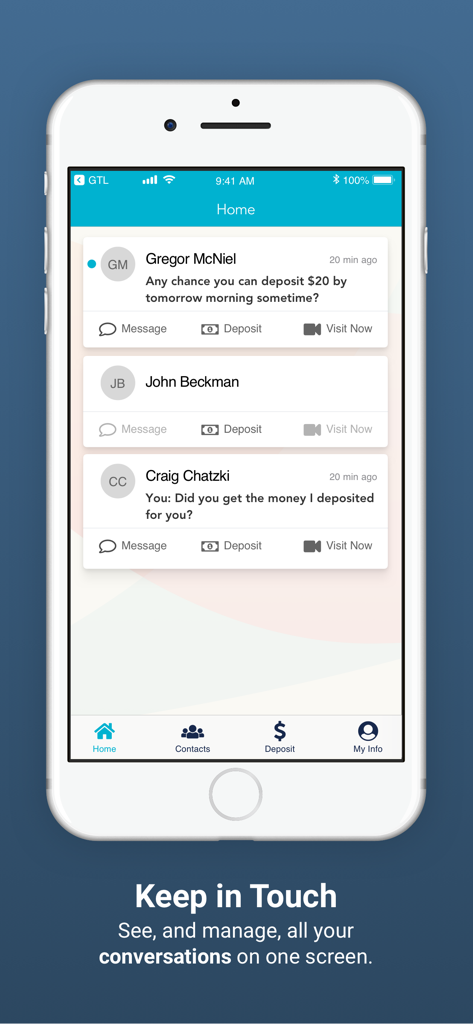 GettingOut - GettingOut app home screen showing contact messages and deposit options