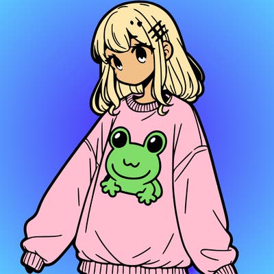 girl wearing frogging sweatshirt