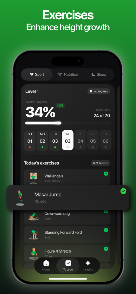 GoTall app interface displaying a daily exercise list for height growth and a weekly progress tracker.