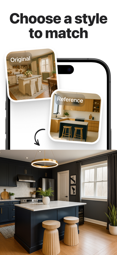 AI Home Design - Renovo - Renovo mobile app interface displaying a kitchen redesign using AI style matching