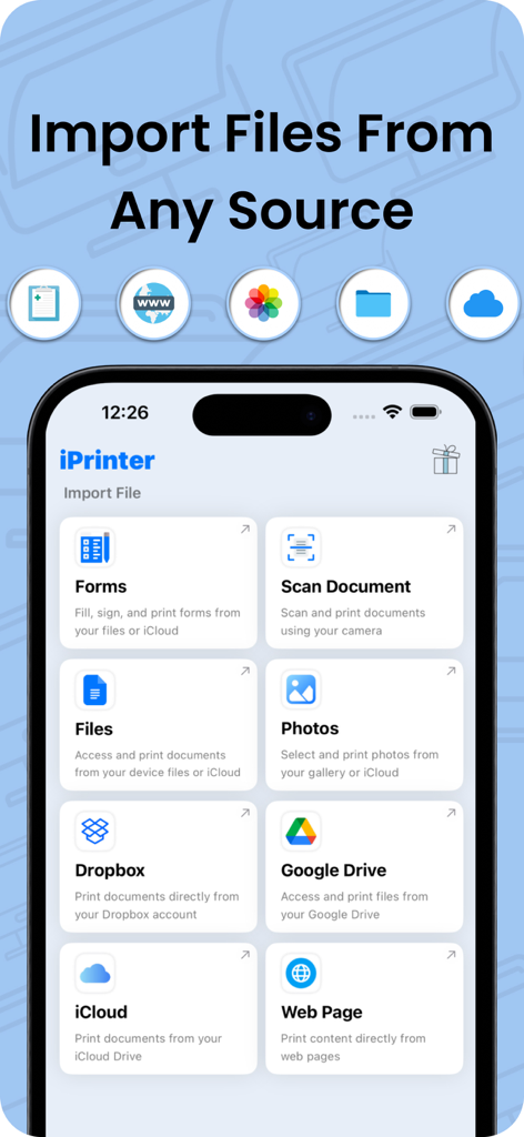 Printer App iprint Smart Print - Mobile app interface showing options to import files from cloud storage, scan, and web pages for printing.