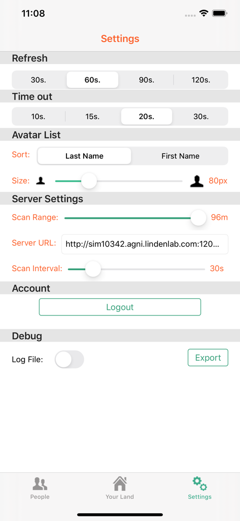 リフレッシュレート、サーバー設定、アバターソートの構成オプションを表示するSL Notifierアプリの設定画面。