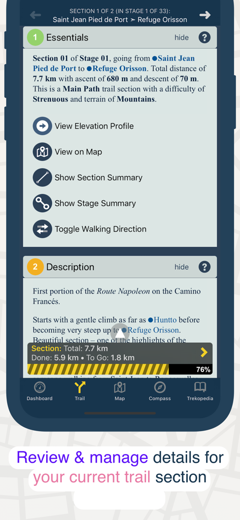 Detailed view of a trail section in the TrailSmart app showing distance elevation and description
