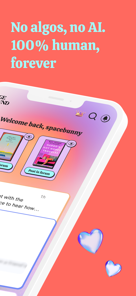 Smartphone displaying the Pagebound app with the slogan No algos, no AI. 100% human, forever and a book tracking dashboard.