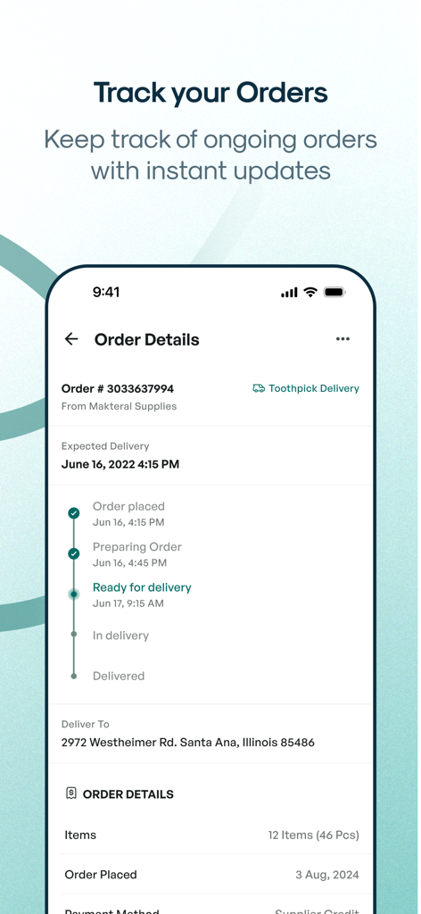 Schermata dell'app mobile che mostra il monitoraggio degli ordini in tempo reale per le forniture mediche con una timeline dettagliata dello stato di consegna