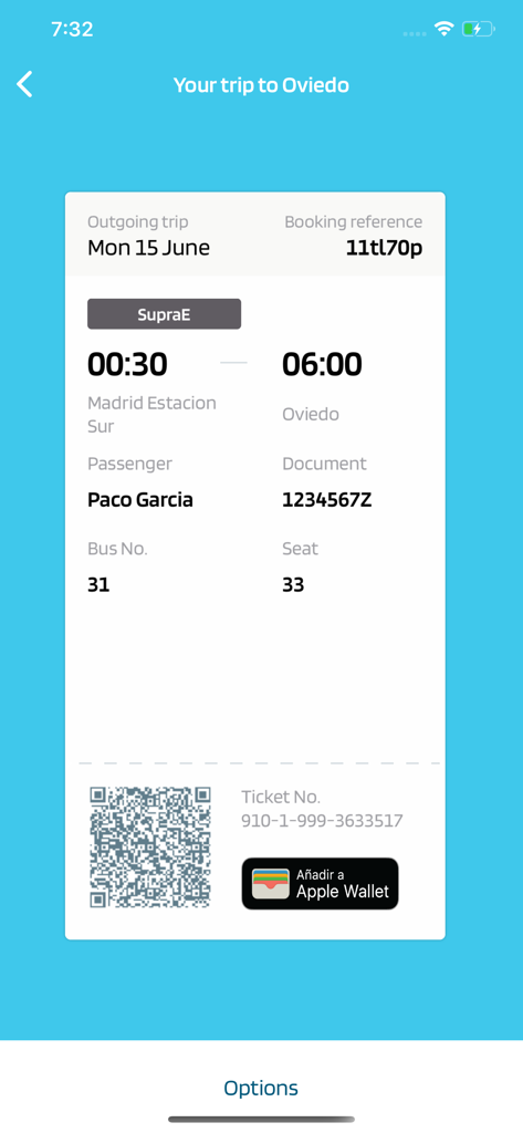 Biglietto autobus digitale nell'app mobile Alsa che mostra i dettagli del viaggio e un codice QR con un'opzione per aggiungere ad Apple Wallet.