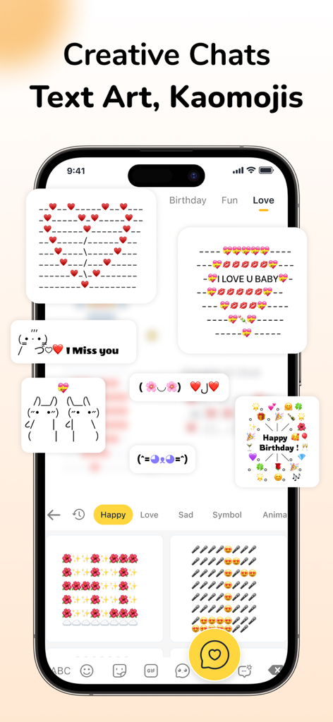 Font & Emoji Keyboard: FotoAI - Arte de texto criativa e kaomojis exibidos em um teclado de celular para chats personalizados.