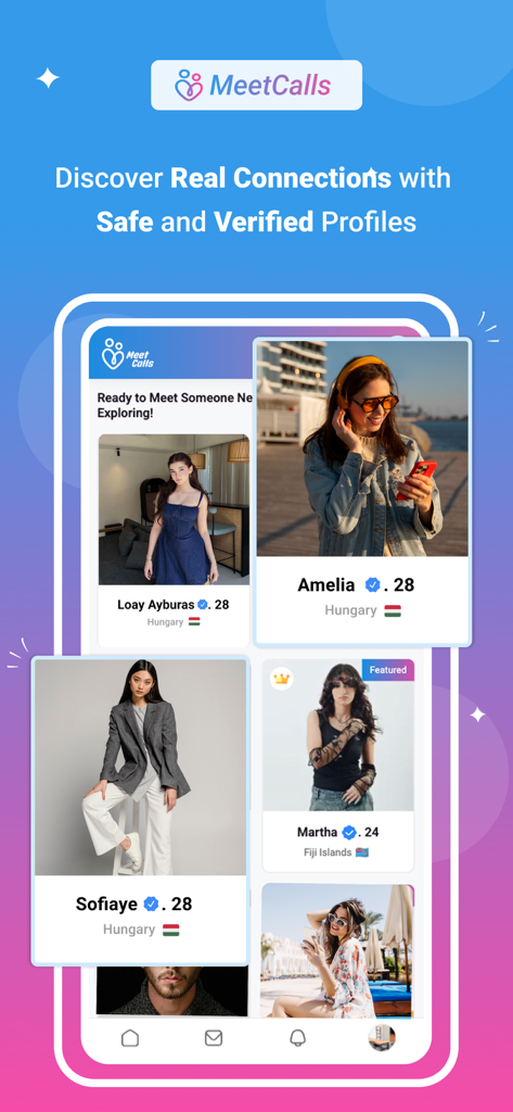 MeetCalls-App-Oberfläche mit sicheren und verifizierten Benutzerprofilen mit Fotos für Video-Chats und soziale Entdeckungen.