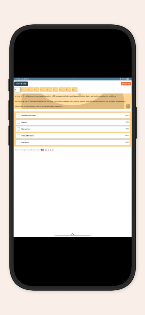 A veterinary board exam practice question about mare reproduction on the ZukuReview app interface.