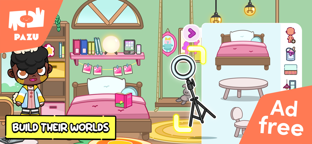 A child character standing in a customizable bedroom with furniture selection menu for room design