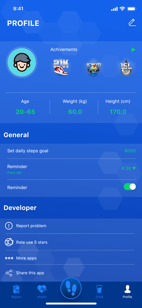 Pedometer: Step counter - User profile screen in the Pedometer app showing fitness achievements and personal body stats.