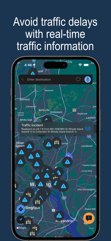 Pantalla de smartphone que muestra el mapa de navegación Waye con incidentes de tráfico en vivo y alertas de obras en carretera