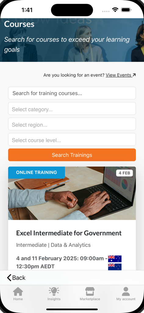 Search interface for professional development and government training courses in the Public Sector Network app.