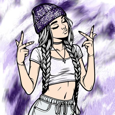realistic teenage girl with braids and a beanie and crop top doing 🫶🏼