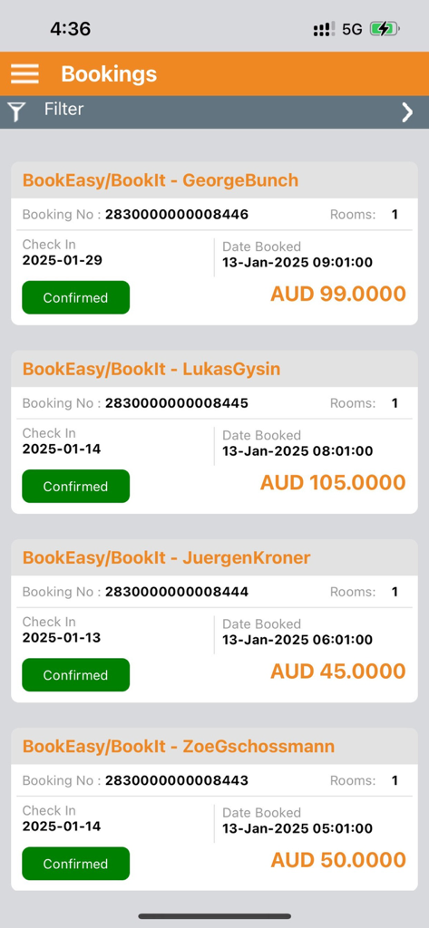 STAAH - STAAH mobile app screen displaying a list of confirmed guest bookings with names and prices