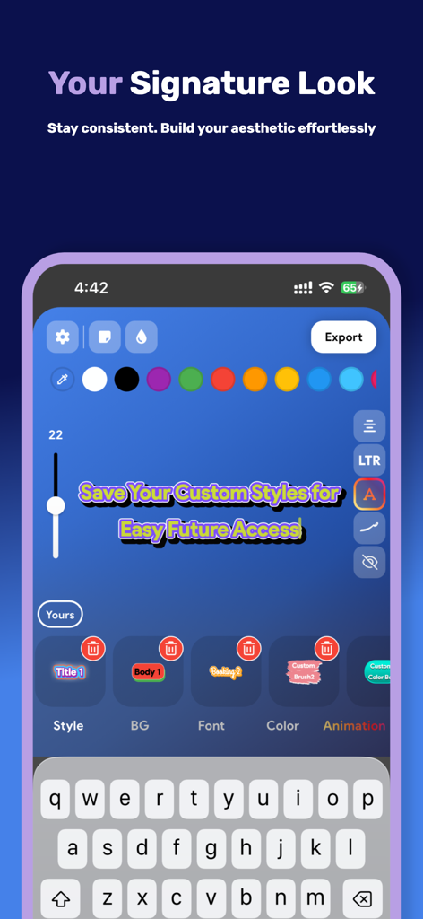 Interface of the Fonta app showing options to save and customize typography styles for social media stories