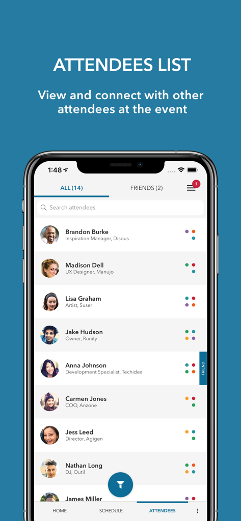Eventory - for better events - Eventory app screenshot showing the attendees list with professional profiles for networking.